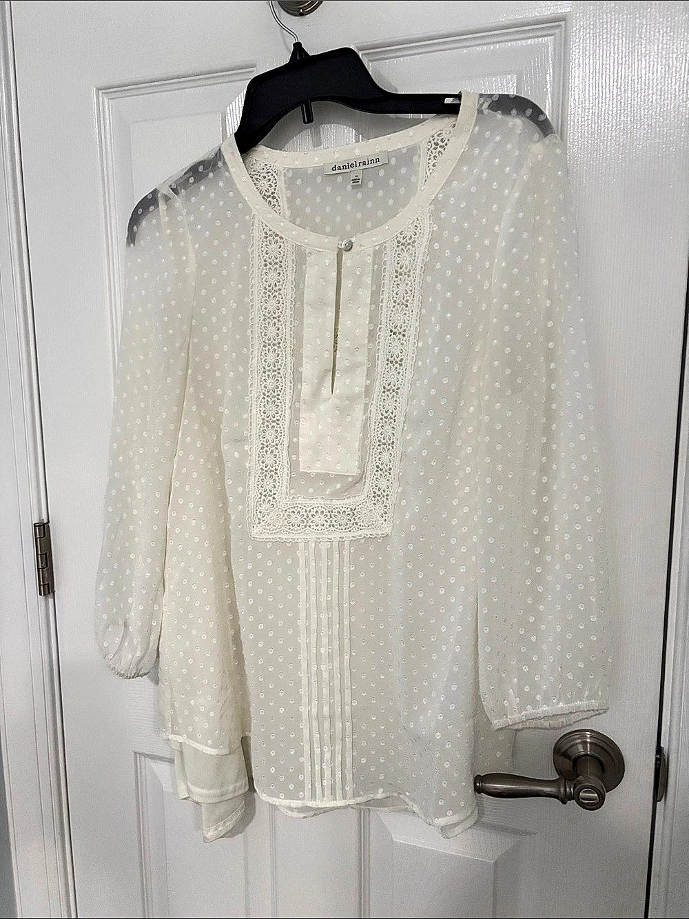 Daniel Rainn White Swiss Dot Lace Trim Blouse White Medium